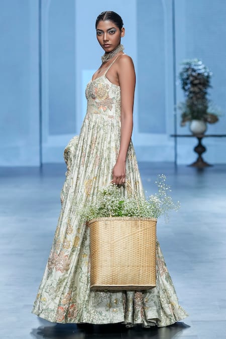 Buy_Paulmi And Harsh_Ivory Chiffon Embroidery, Sequins, Zari Floral Print Corset Anarkali With Jacket _Online_at_Aza_Fashions