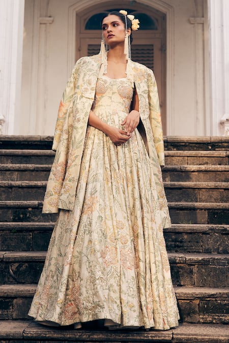 Shop_Paulmi And Harsh_Ivory Chiffon Embroidery, Sequins, Zari Floral Print Corset Anarkali With Jacket _Online_at_Aza_Fashions