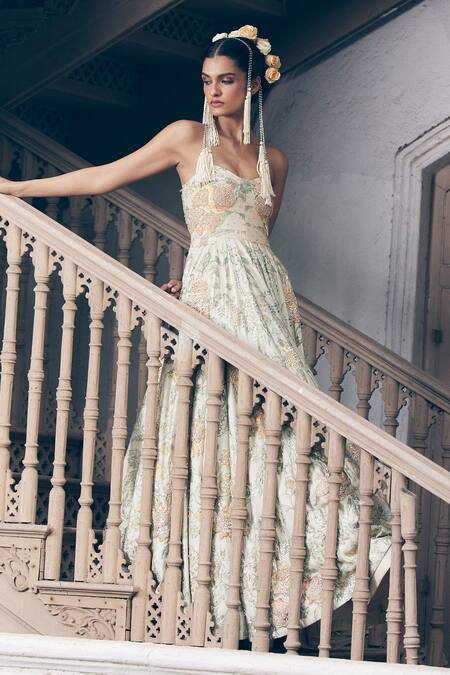 Paulmi And Harsh_Ivory Chiffon Embroidery, Sequins, Zari Floral Print Corset Anarkali With Jacket _at_Aza_Fashions