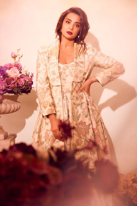 Buy_Paulmi And Harsh_Ivory Chiffon Embroidery, Sequins, Zari Floral Print Corset Anarkali With Jacket 