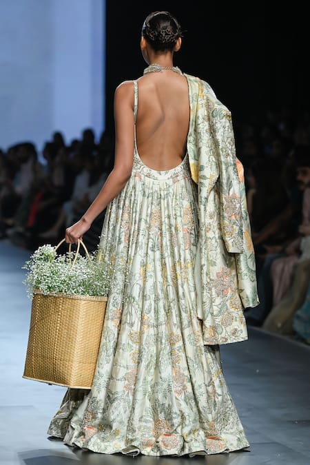 Shop_Paulmi And Harsh_Ivory Chiffon Embroidery Scoop Neck Floral Print Corset Anarkali _at_Aza_Fashions