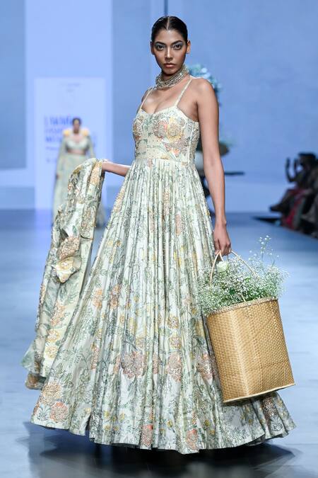 Buy_Paulmi And Harsh_Ivory Chiffon Embroidery Scoop Neck Floral Print Corset Anarkali _Online_at_Aza_Fashions