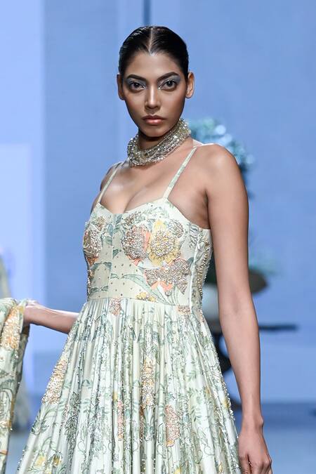 Shop_Paulmi And Harsh_Ivory Chiffon Embroidery Scoop Neck Floral Print Corset Anarkali _Online_at_Aza_Fashions