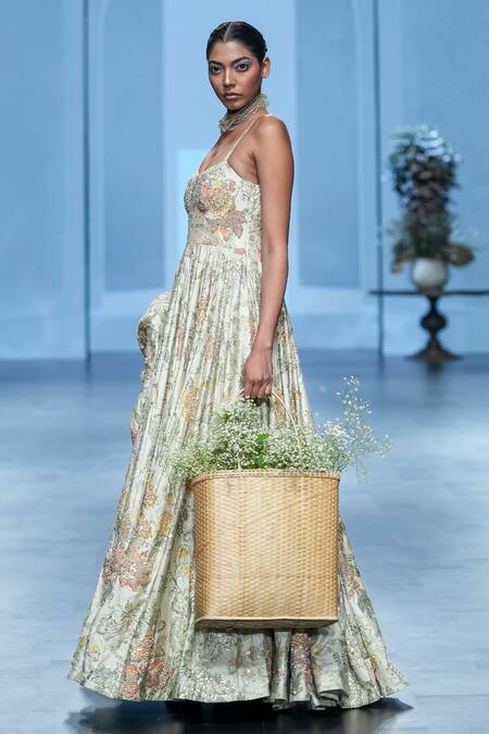 Paulmi And Harsh_Ivory Chiffon Embroidery Scoop Neck Floral Print Corset Anarkali _at_Aza_Fashions