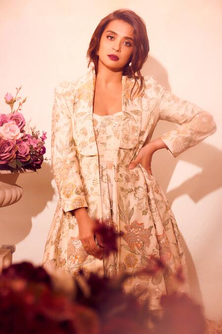 Shop_Paulmi And Harsh_Ivory Chiffon Embroidery Scoop Neck Floral Print Corset Anarkali 