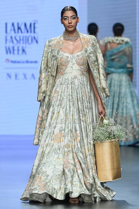 Paulmi And Harsh_Ivory Chiffon Embroidery Collared Floral Print And Long Jacket _Online_at_Aza_Fashions