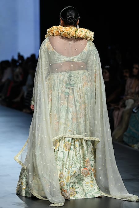 Shop_Paulmi And Harsh_Ivory Chiffon, Silk, Organza Embroidery Floral Print And Bridal Lehenga Set _at_Aza_Fashions