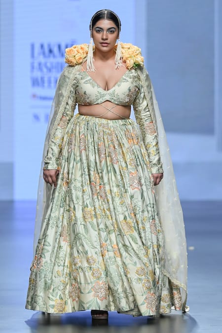 Paulmi And Harsh_Ivory Chiffon, Silk, Organza Embroidery Floral Print And Bridal Lehenga Set _Online_at_Aza_Fashions