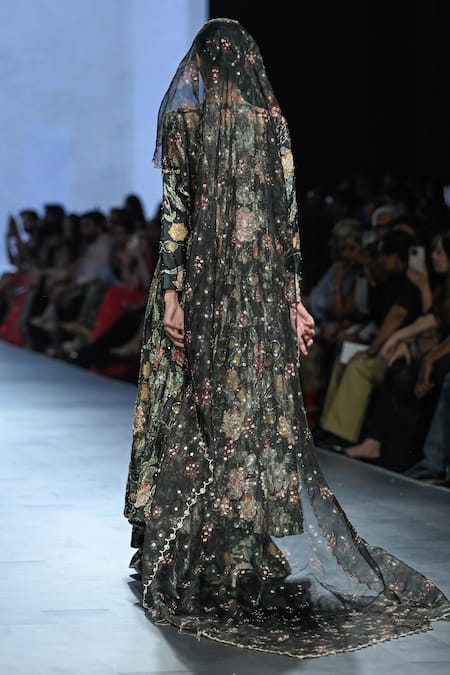 Shop_Paulmi And Harsh_Black Chiffon, Organza, Chanderi Silk Floral Print Jumpsuit With Jacket _at_Aza_Fashions