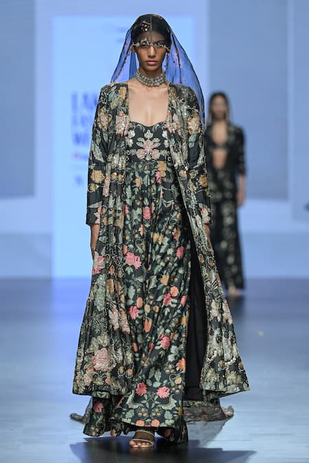 Paulmi And Harsh_Black Chiffon, Organza, Chanderi Silk Floral Print Jumpsuit With Jacket _Online_at_Aza_Fashions