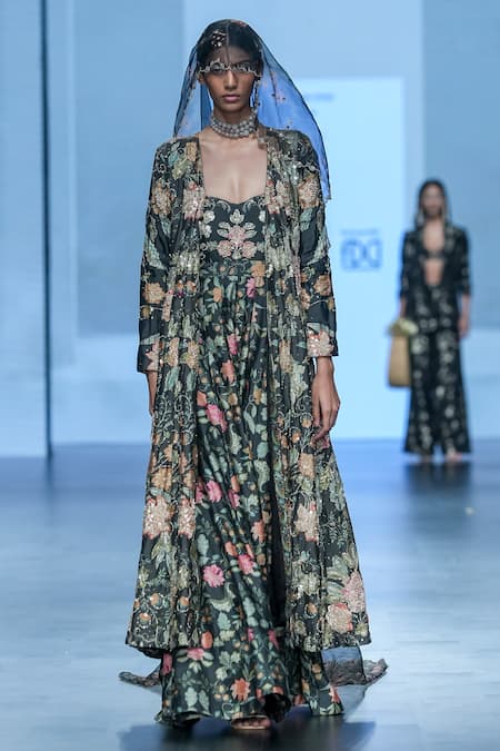 Buy Paulmi And Harsh Black Chiffon, Organza, Chanderi Silk Floral Print Jumpsuit With Jacket Online at Aza Fashions Buy_Paulmi And Harsh_Black Chiffon, Organza, Chanderi Silk Floral Print Jumpsuit With Jacket _Online_at_Aza_Fashions