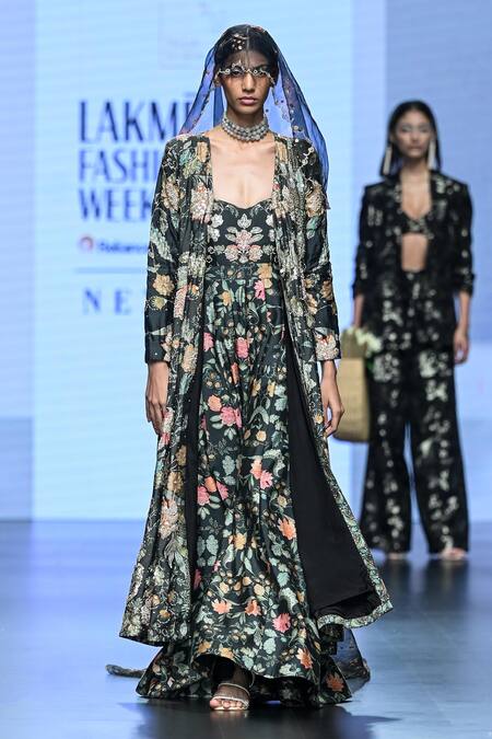 Paulmi And Harsh_Black Chanderi Silk, Organza Floral Print Jacket With Embellished Veil _Online_at_Aza_Fashions