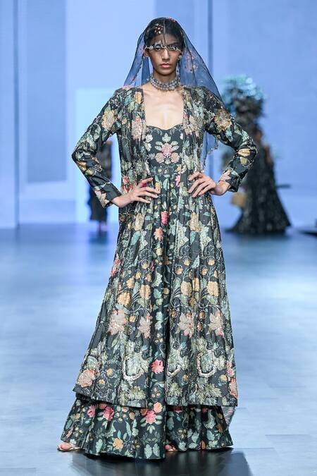 Buy Paulmi And Harsh Black Chanderi Silk, Organza Floral Print Jacket With Embellished Veil Online at Aza Fashions Buy_Paulmi And Harsh_Black Chanderi Silk, Organza Floral Print Jacket With Embellished Veil _Online_at_Aza_Fashions