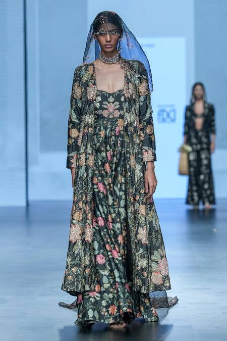 Paulmi And Harsh_Black Chiffon Embroidery Sweetheart Neck Floral Print And Jumpsuit _Online_at_Aza_Fashions