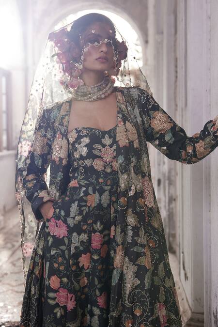 Shop_Paulmi And Harsh_Black Chiffon Embroidery Sweetheart Neck Floral Print And Jumpsuit _Online_at_Aza_Fashions