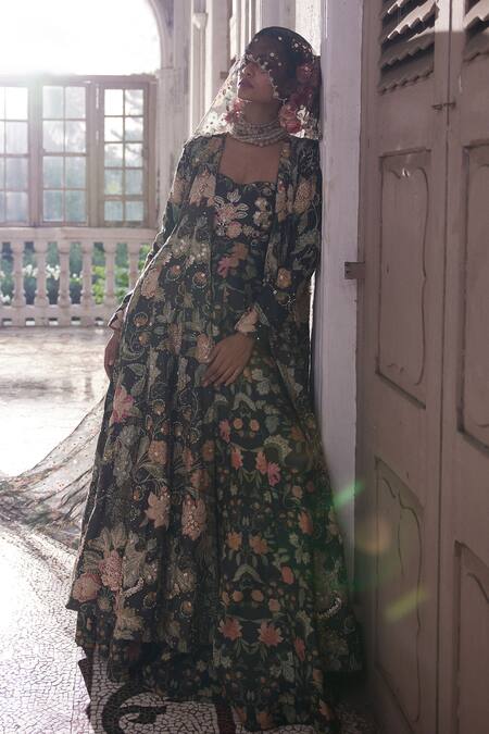 Paulmi And Harsh_Black Chiffon Embroidery Sweetheart Neck Floral Print And Jumpsuit _at_Aza_Fashions