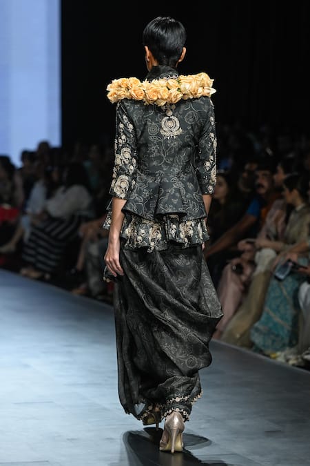 Paulmi And Harsh_Black Organza, Chanderi Silk, Satin Deer Printed 6 Yard Saree With Peplum Top _Online_at_Aza_Fashions