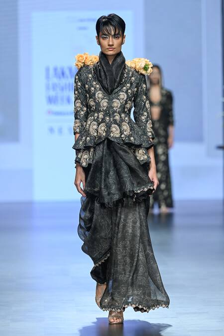 Buy_Paulmi And Harsh_Black Organza, Chanderi Silk, Satin Deer Printed 6 Yard Saree With Peplum Top _Online_at_Aza_Fashions