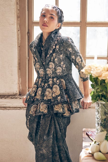 Paulmi And Harsh Black Organza, Chanderi Silk, Satin Deer Printed 6 Yard Saree With Peplum Top at Aza Fashions Paulmi And Harsh_Black Organza, Chanderi Silk, Satin Deer Printed 6 Yard Saree With Peplum Top _at_Aza_Fashions