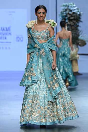 Paulmi And Harsh_Blue Chiffon, Chanderi Silk, Organza Vintage Floral Print And Bridal Lehenga Set _Online_at_Aza_Fashions