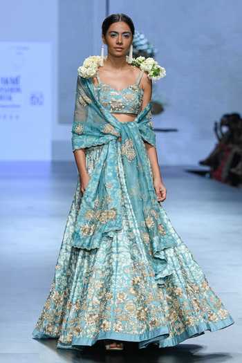 Buy_Paulmi And Harsh_Blue Chiffon, Chanderi Silk, Organza Vintage Floral Print And Bridal Lehenga Set _Online_at_Aza_Fashions