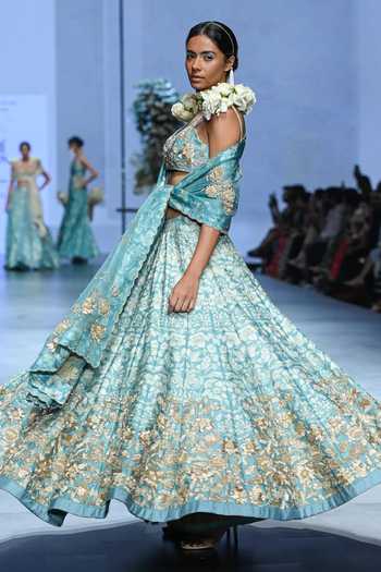 Shop_Paulmi And Harsh_Blue Chiffon, Chanderi Silk, Organza Vintage Floral Print And Bridal Lehenga Set _Online_at_Aza_Fashions