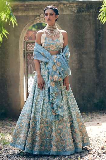 Paulmi And Harsh Blue Chiffon, Chanderi Silk, Organza Vintage Floral Print And Bridal Lehenga Set at Aza Fashions Paulmi And Harsh_Blue Chiffon, Chanderi Silk, Organza Vintage Floral Print And Bridal Lehenga Set _at_Aza_Fashions