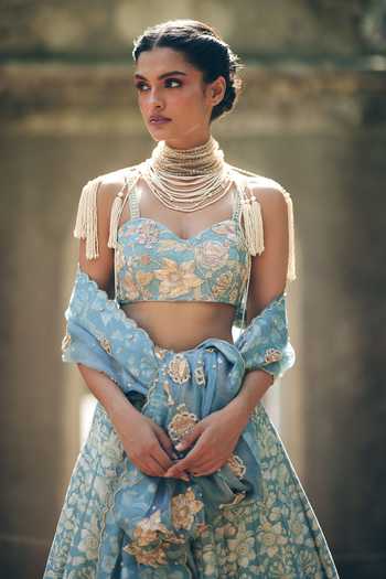 Buy Paulmi And Harsh Blue Chiffon, Chanderi Silk, Organza Vintage Floral Print And Bridal Lehenga Set Buy_Paulmi And Harsh_Blue Chiffon, Chanderi Silk, Organza Vintage Floral Print And Bridal Lehenga Set