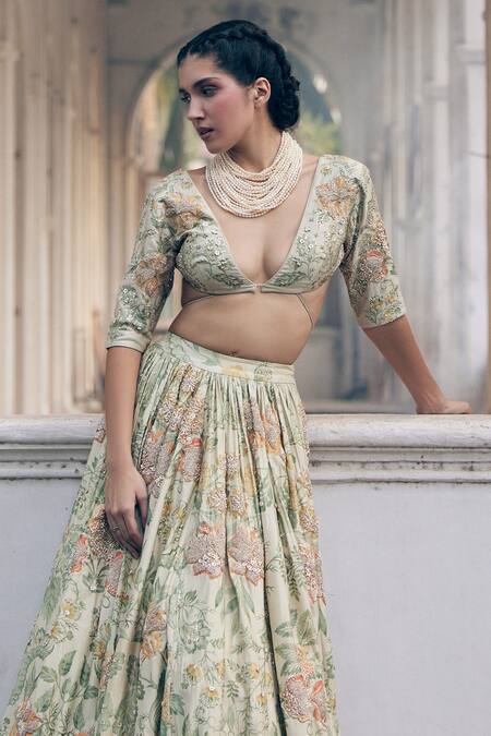 Paulmi And Harsh Ivory Chanderi , Embroidery Plunge Floral Bridal Lehenga And Blouse Set at Aza Fashions Paulmi And Harsh_Ivory Chanderi , Embroidery Plunge Floral Bridal Lehenga And Blouse Set _at_Aza_Fashions