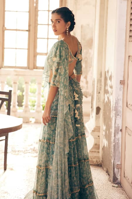 Paulmi And Harsh Floral Print Pre-Draped Tiered Saree With Blouse 