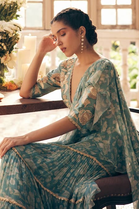 Buy_Paulmi And Harsh_Blue Chiffon Lace, Embroidery Floral Print Pre-draped Tiered Saree With Blouse _Online_at_Aza_Fashions