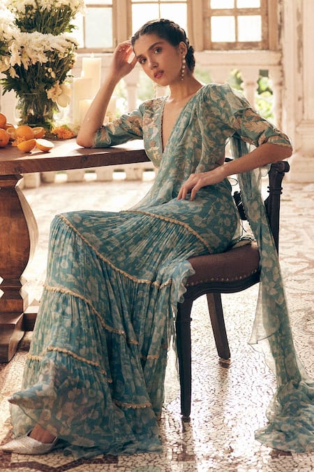 Shop_Paulmi And Harsh_Blue Chiffon Lace, Embroidery Floral Print Pre-draped Tiered Saree With Blouse _Online_at_Aza_Fashions