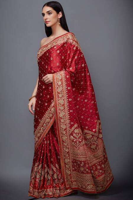 Buy_RI.Ritu Kumar_Red Satin Silk Embroidered Saree _Online_at_Aza_Fashions
