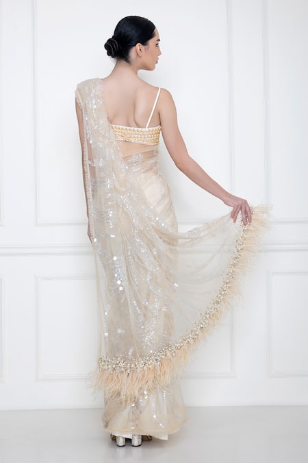 DILNAZ_Grey Net And Polyester Satin Sequin & Beads, Thread Embellished Saree _Online_at_Aza_Fashions