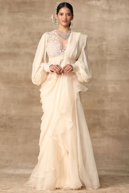 Ridhi Mehra White Net Round Pre-draped Saree With Blouse  