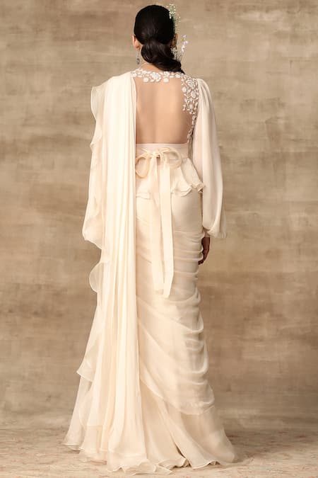 Ridhi Mehra_White Organza, Net, Chiffon Round Pre-draped Saree With Blouse _Online_at_Aza_Fashions