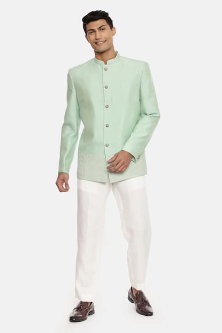 Mayank Modi - Men Green Silk Cotton Bandhgala