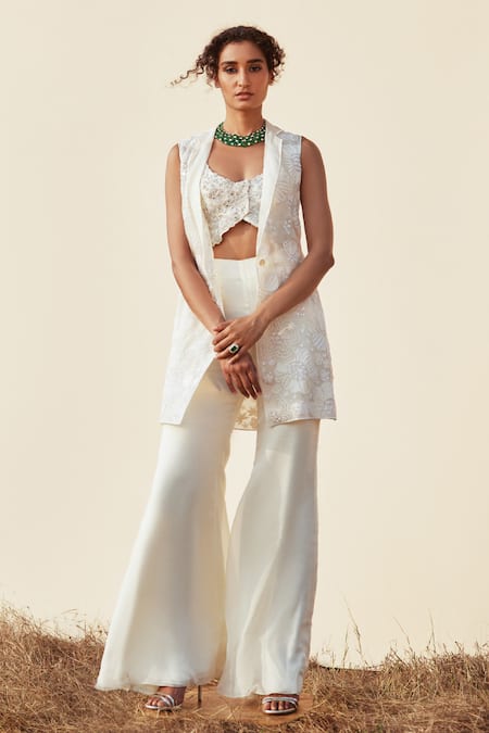 Mishru White Blazer And Pant-organza Embroidered Floral Brielle & Pant Set 