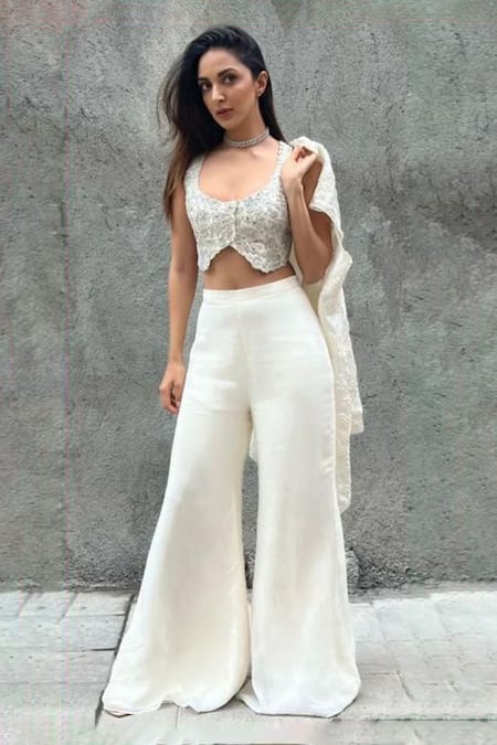 Mishru_White Blazer And Pant-organza, Crop Top-chanderi Floral Brielle & Pant Set _at_Aza_Fashions