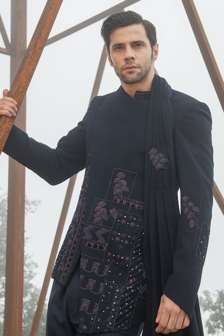 Shop Sarab Khanijou Blue Viscose Lycra Thread Embroidery And Sequin Bandhgala Set at Aza Fashions Shop_Sarab Khanijou_Blue Viscose Lycra Thread Embroidery And Sequin Bandhgala Set _at_Aza_Fashions