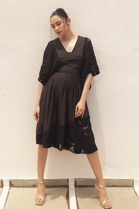 Shop_Couché By Anandini_Black Cotton, Lycra, V-neck Floral Boxy Sleeves Midi Dress _at_Aza_Fashions
