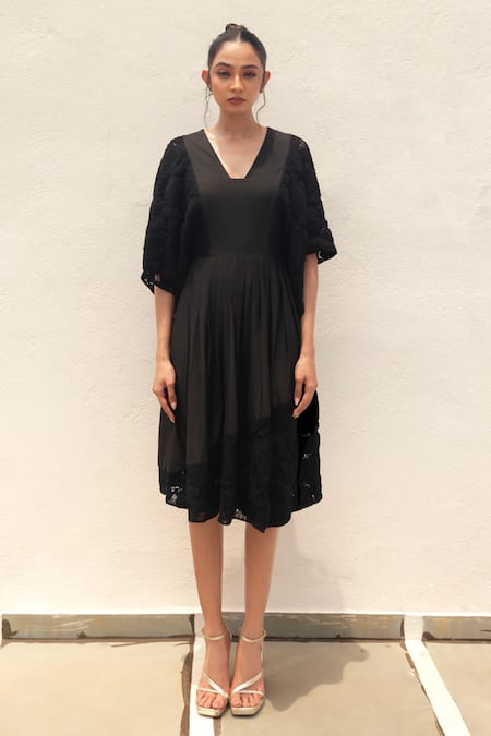 Couché By Anandini_Black Cotton, Lycra, V-neck Floral Boxy Sleeves Midi Dress _Online_at_Aza_Fashions