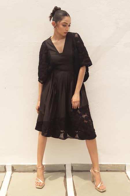 Buy_Couché By Anandini_Black Cotton, Lycra, V-neck Floral Boxy Sleeves Midi Dress _Online_at_Aza_Fashions
