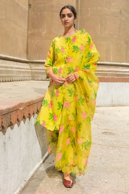 Label Earthen Yellow Cotton Round Printed Kurta Set 