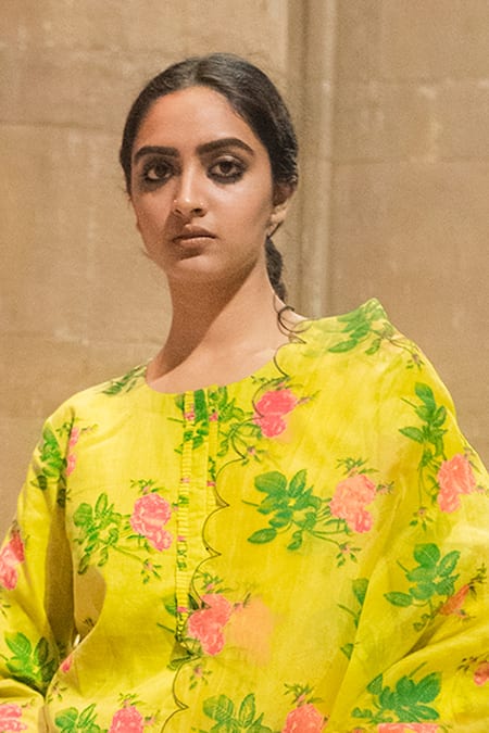 Shop Label Earthen Yellow Cotton, Organza Silk Round Printed Kurta Set at Aza Fashions Shop_Label Earthen_Yellow Cotton, Organza Silk Round Printed Kurta Set _at_Aza_Fashions