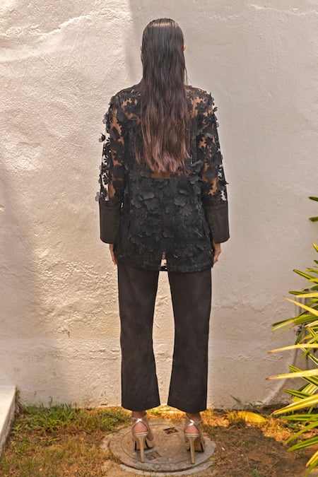 Shop_Couché By Anandini_Black Tulle, Cotton, Viscose, Lycra, Organza Musk Rose Shirt Trouser Set _at_Aza_Fashions