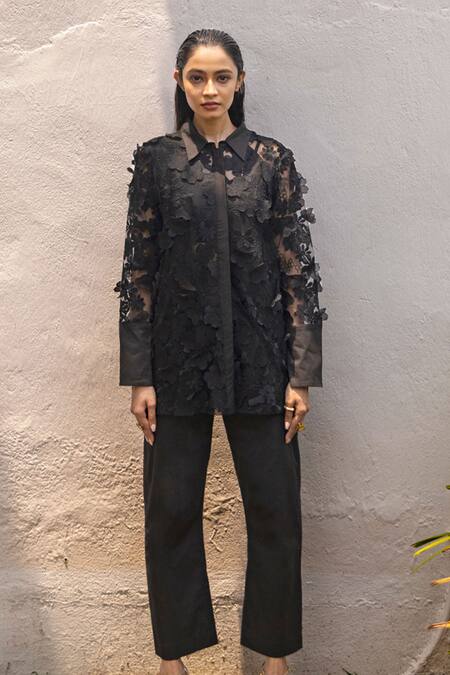 Couché By Anandini Black Tulle, Cotton, Viscose, Lycra, Organza Musk Rose Shirt Trouser Set Online at Aza Fashions Couché By Anandini_Black Tulle, Cotton, Viscose, Lycra, Organza Musk Rose Shirt Trouser Set _Online_at_Aza_Fashions