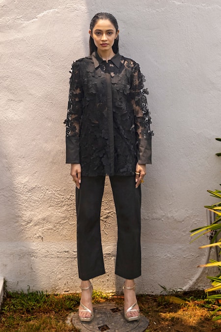 Buy_Couché By Anandini_Black Tulle, Cotton, Viscose, Lycra, Organza Musk Rose Shirt Trouser Set _Online_at_Aza_Fashions