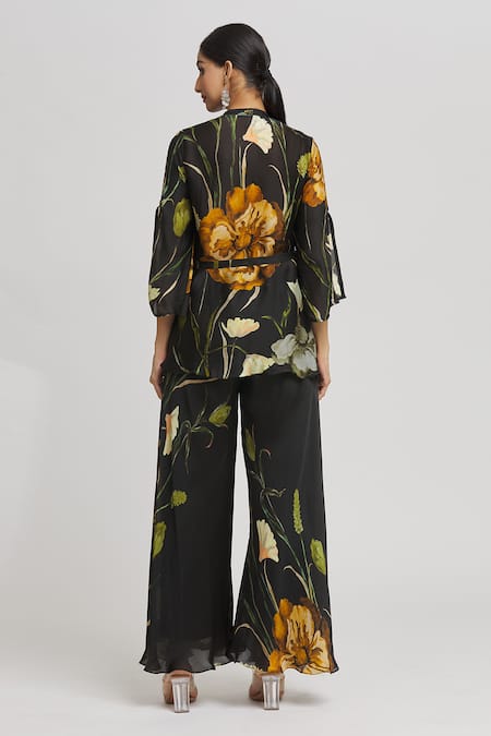 Shop Whimsical By Shica Black Organza, Satin Embroidery, Beads V-neck Floral Print Top And Pant Set at Aza Fashions Shop_Whimsical By Shica_Black Organza, Satin Embroidery, Beads V-neck Floral Print Top And Pant Set _at_Aza_Fashions