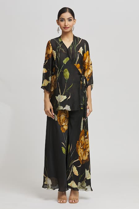 Whimsical By Shica Black Organza, Satin Embroidery, Beads V-neck Floral Print Top And Pant Set Online at Aza Fashions Whimsical By Shica_Black Organza, Satin Embroidery, Beads V-neck Floral Print Top And Pant Set _Online_at_Aza_Fashions